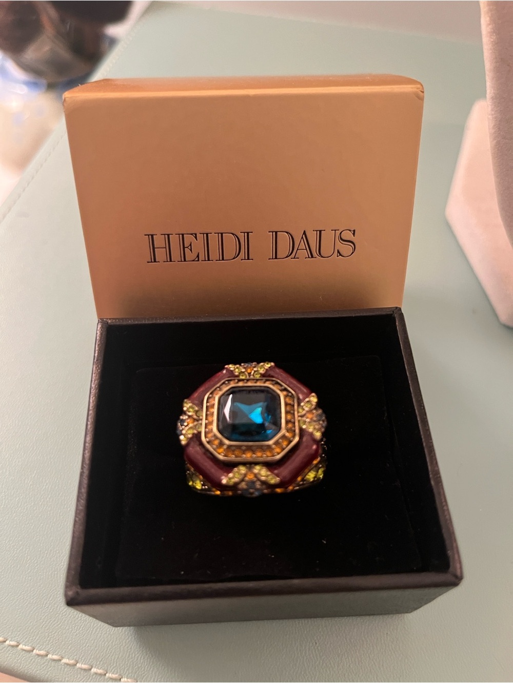 Heidi Daus Gold-Tone Statement Ring with Blue and Burgundy Accents - US Size 9